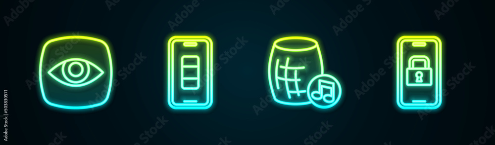 Set line Security camera, Smartphone battery charge, Voice assistant and Digital door lock. Glowing neon icon. Vector Set line Security camera, Smartphone battery charge, Voice assistant and Digital door lock. Glowing neon icon. Vector
