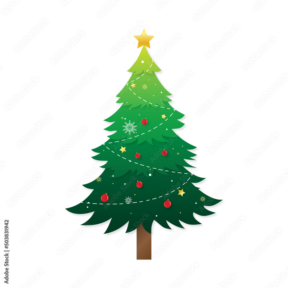 Flat Design Christmas Tree Decorated by Christmas Balls, Jingle Bells and Stars Flat Design Christmas Tree Decorated by Christmas Balls, Jingle Bells and Stars
