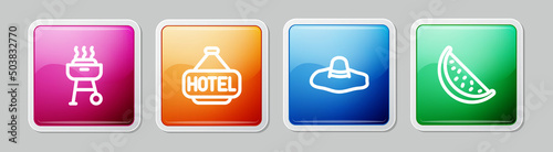 Set line Barbecue grill, Signboard with text Hotel, Elegant women hat and Watermelon. Colorful square button. Vector