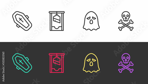 Set line Coffin with cross, Guillotine, Ghost and Skull on crossbones on black and white. Vector