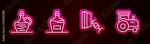 Set line Wine in italian fiasco bottle, Old of wine, tasting, degustation and Tractor. Glowing neon icon. Vector