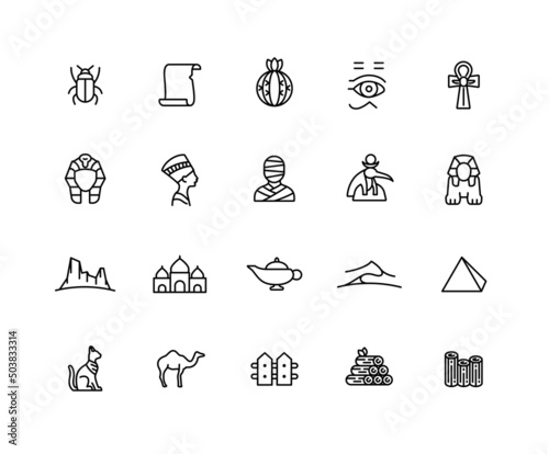 Collection of Desert linear icons. Set of Egypt, Horus, Cleopatra, mummy, oasis, pyramid symbols drawn with thin contour lines. Vector illustration.