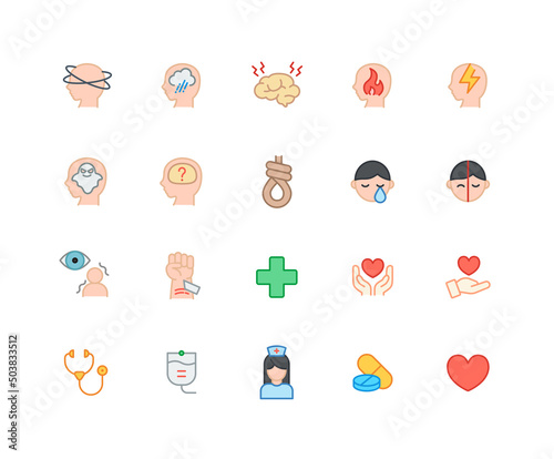 Psychiatry illness color icons. Set of Stress, panic, depression symbols drawn with thin contour lines. Vector illustration.