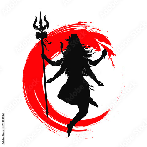 Lord Shiv with four arms and red grunge background photo