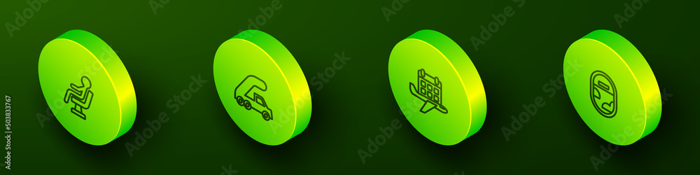 Set Isometric line Human waiting in airport terminal, Passenger ladder for plane boarding, Calendar and airplane and Airplane window icon. Vector Set Isometric line Human waiting in airport terminal, Passenger ladder for plane boarding, Calendar and airplane and Airplane window icon. Vector