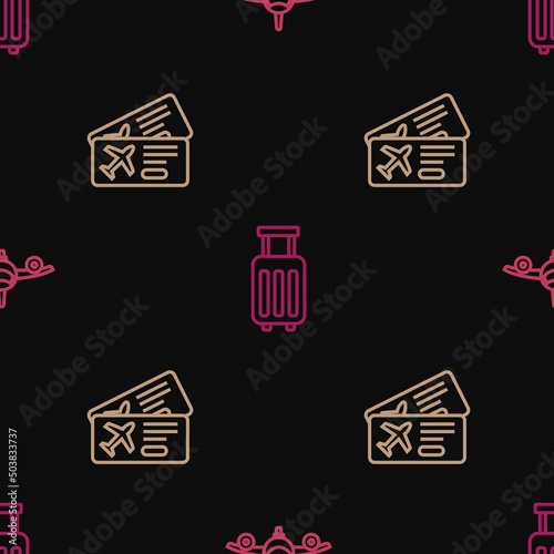 Set line Plane, Airline ticket and Suitcase on seamless pattern. Vector