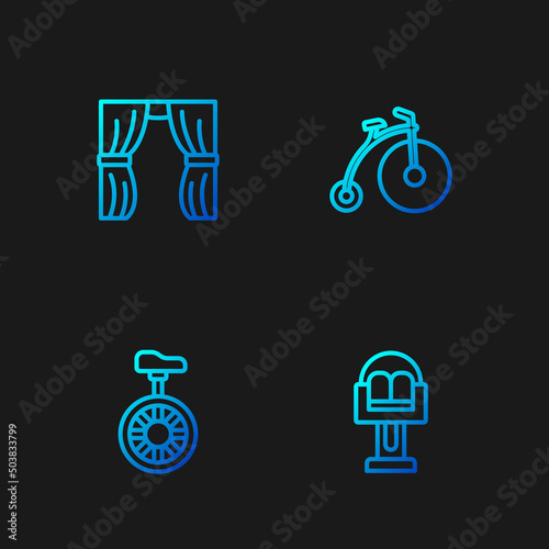 Set line Attraction carousel, Unicycle or one wheel bicycle, Circus curtain raises and Vintage. Gradient color icons. Vector