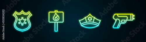 Set line Police badge, Protest, cap with cockade and electric shocker. Glowing neon icon. Vector