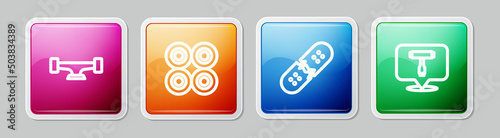 Set line Skateboard wheel, , Broken skateboard deck and T tool. Colorful square button. Vector