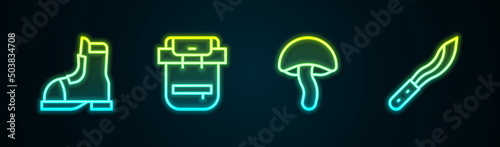 Set line Hunter boots, Hiking backpack, Mushroom and Machete. Glowing neon icon. Vector