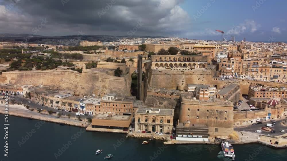 Aerial view of Valletta in Malta. Pan right from saluting battery across city Aerial view of Valletta in Malta. Pan right from saluting battery across city