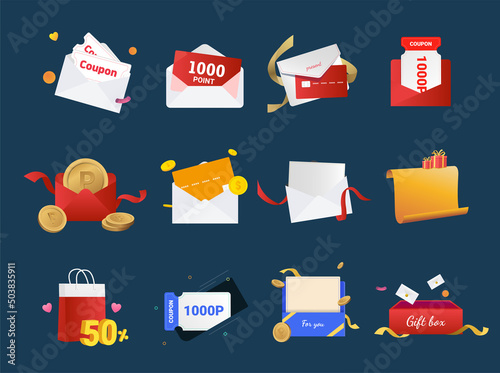 Various coupon for envelope design illustration set. gift, discount, event, letter, ribbon, card. Vector drawing. Hand drawn style.