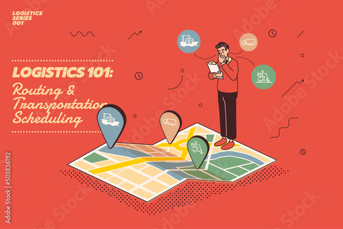 A business man stands on a map while planning for logistics and distribution. Vector illustration concept of Transport Routing or Transportation Management Optimization.