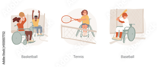 Sports for disabled kids isolated cartoon vector illustration set. Child in wheelchair playing basketball, tennis for disabled people, baseball special equipment, physical activity vector cartoon.