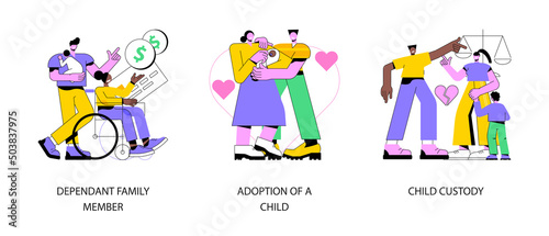 Family law abstract concept vector illustration set. Dependant family member, adoption of a child, custody and alimony, parents divorce, same sex couple, elderly support, caregiver abstract metaphor.