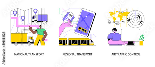 Transportation system abstract concept vector illustration set. National and regional transport, air traffic control, car driver, passenger pass, ticket office, airport radar abstract metaphor. © Vector Juice