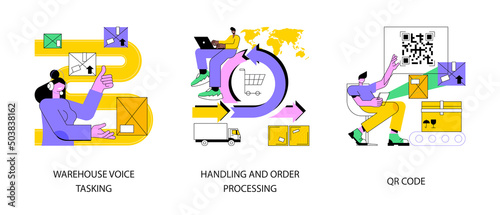 Warehouse modern technology abstract concept vector illustration set. Warehouse voice tasking, handling and order processing, QR code, automated operations, order documentation abstract metaphor.