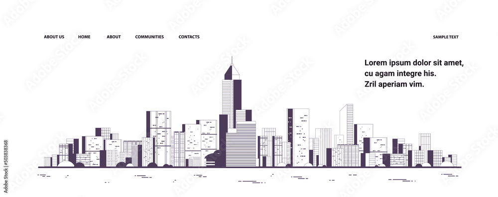 modern city view skyscraper cityscape background urban life thin line style horizontal copy space