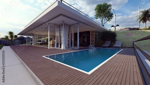 contemporary luxury modern house exterior with swimming pool 3d illustration © Arasye