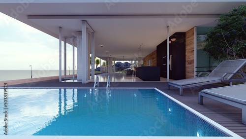 white modern patio with swimming pool and sundeck sea view architectural design 3d illustration