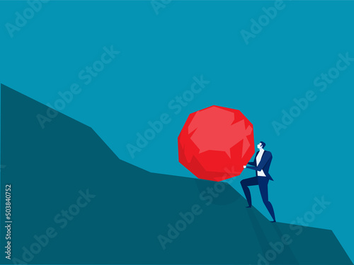 Bisinessman rolling huge boulder up the hill.  challenge vector concept