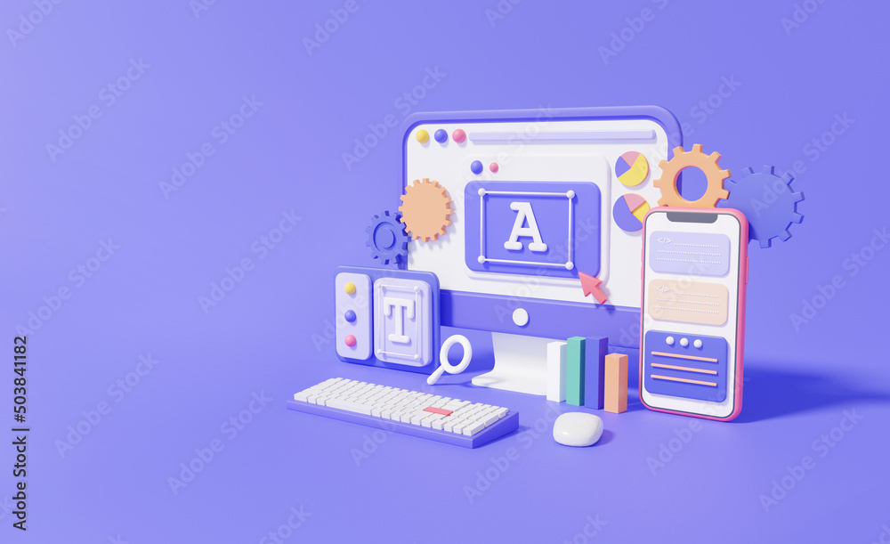 3d render Isometric UI-UX design. Developer mobile system application software development concept. coding smartphone connections. Modern user interface, banner, illustration