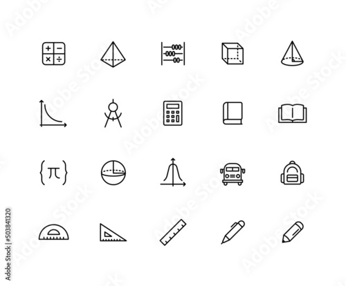 Collection of math linear icons. Set of Pi, Graph symbols drawn with thin contour lines. Vector illustration.