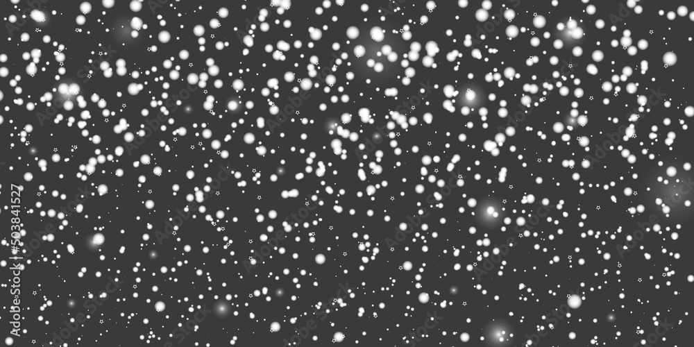 Snow background. Realistic shine glitter snowfall background for holiday decoration isolated on black background