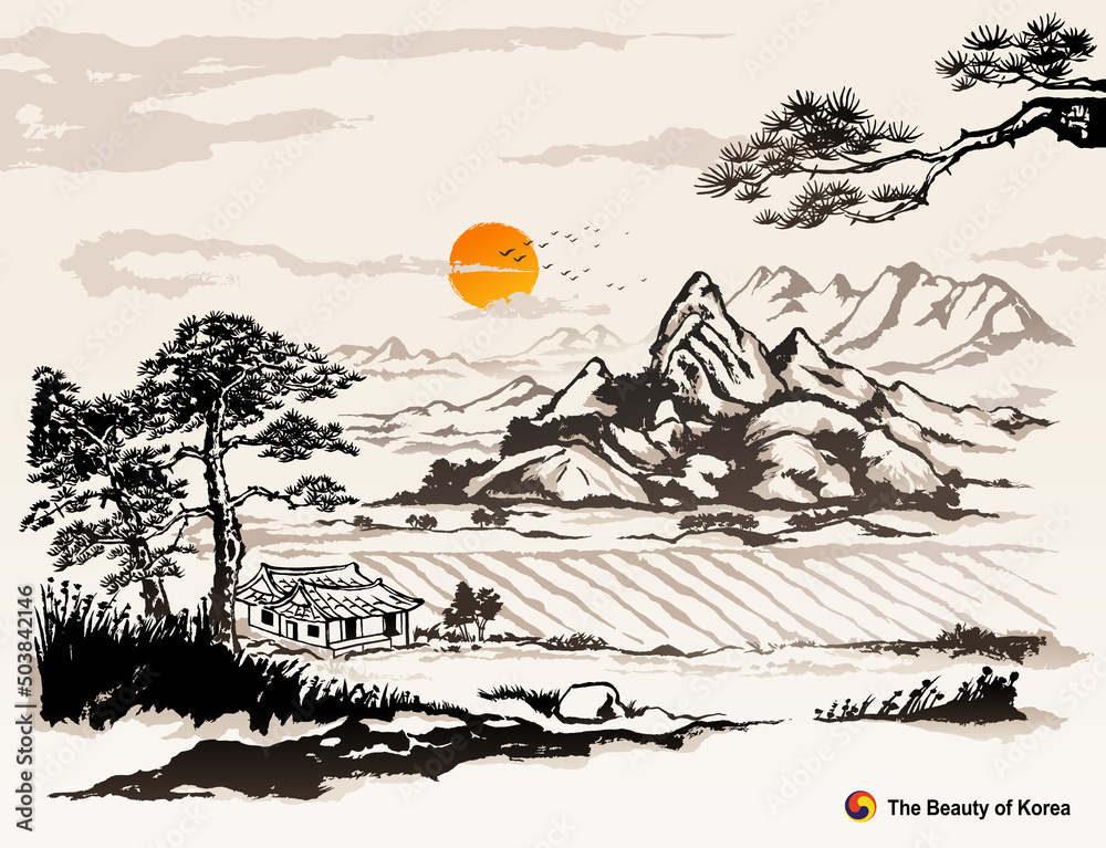 Beautiful Korea, mountains, pine trees, hanok, rural nature landscape, ink painting, Korean traditional painting vector illustration. - obrazy, fototapety, plakaty 