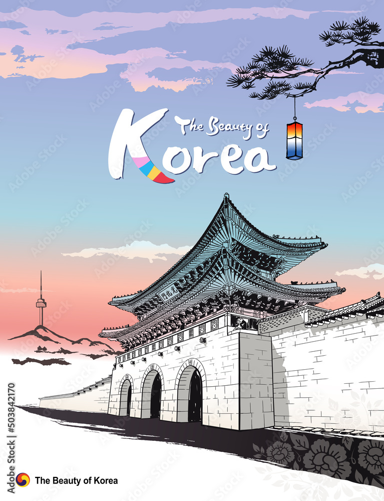 Beautiful Seoul, Korea. Traditional palace, Gwanghwamun, ink painting, Korean traditional painting vector illustration. Gwanghwamun Chinese translation. - obrazy, fototapety, plakaty 