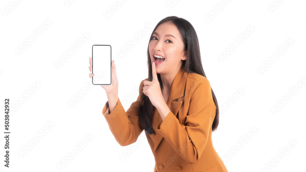 beautiful Asian young woman ,Excited surprised girl showing smart phone with blank screen , white screen isolated on white background , Mock Up Image beautiful Asian young woman ,Excited surprised girl showing smart phone with blank screen , white screen isolated on white background , Mock Up Image