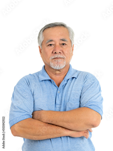 Portrait senior man feel happy isolated on white background - lifestyle senior male concept