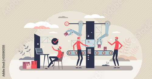 Production line with assembly arm and digital conveyer tiny person concept. Machine packaging and manufacturing process with industrial equipment and employees for quality control vector illustration.