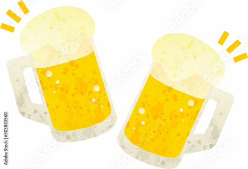 夏　ビール　生ビール　お酒　乾杯　ジョッキ　水彩　手描き　アナログタッチ　イラスト素材
