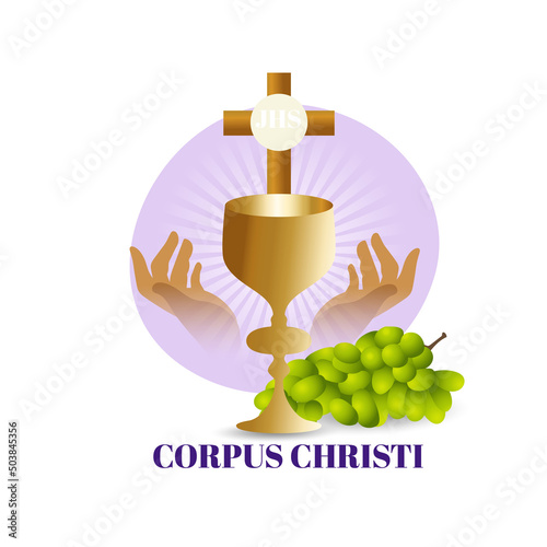 Illustration of template for corpus christi catholic religious holiday, feast day, cross, bread, grapes. photo