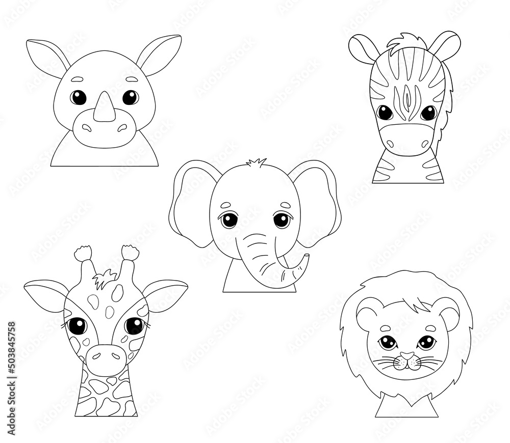 Obraz premium Cute portraits cheetah, giraffe, elephant and zebra in outline style. Drawing african baby wild cat face isolated on white background. Drawing for kids card and coloring page. Jungle animal
