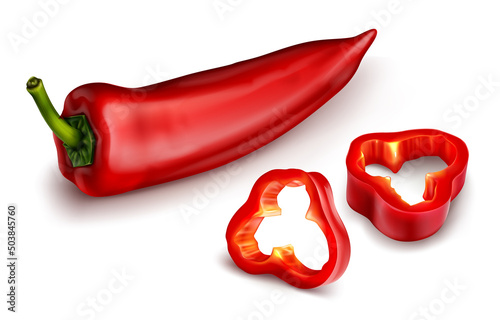 Red chili pepper, hot spicy plant pod, paprika cayenne with green stem vector realistic illustration isolated on white background. Chopped ripe vegetable with shadow