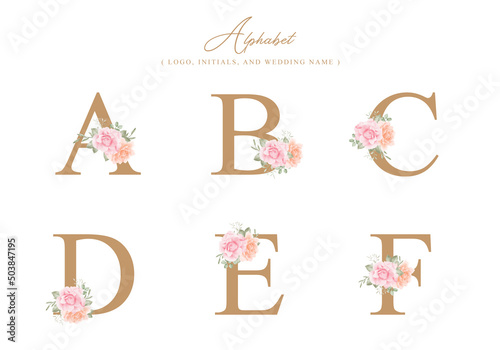 Minimalist alphabet decoration with watercolor floral for logo, initial, wedding name