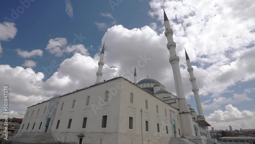 Beautiful Mosque, Kocatepe, Ankara with a magnificent exterior with white clouds in sunny day 