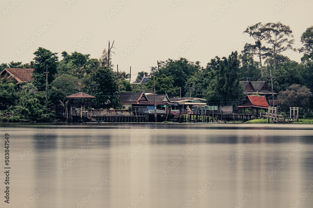 thai stype houses  along the river ( Chao Phraya river )   Thailand