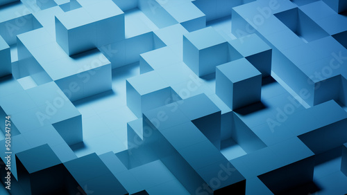 Perfectly Aligned Glossy Cubes. Blue, Modern Tech Wallpaper. 3D Render. photo