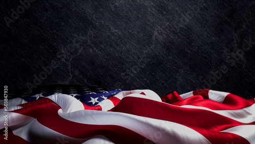 Memorial Day Banner. Premium Holiday Background featuring American Flag on Black Slate with Copy-Space. photo