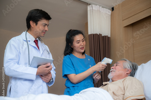 senior elderly patient person visit doctor for health care checkup at hospital, health insurance medical care concept, old man having disease and making medicine help support by nurse at clinic