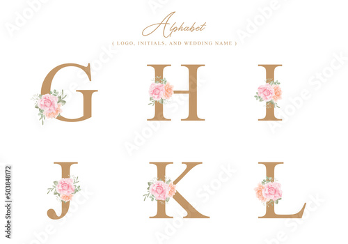 Minimalist alphabet decoration G H I J K L with watercolor floral for logo, initial, wedding name