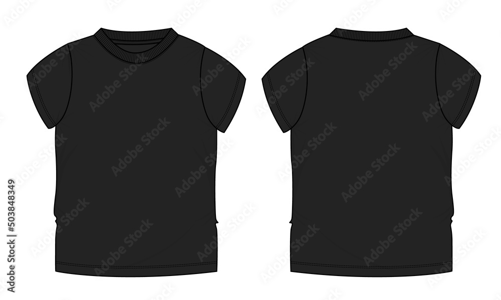Short sleeve Basic T-shirt technical fashion flat sketch vector Illustration black Color template front and back views. Basic apparel Design Mock up for Kids and boys. Short sleeve Basic T-shirt technical fashion flat sketch vector Illustration black Color template front and back views. Basic apparel Design Mock up for Kids and boys.