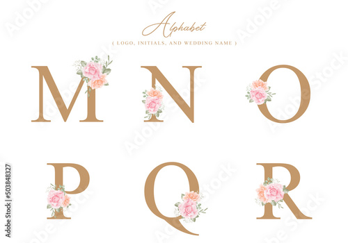 Minimalist alphabet decoration M N O P Q R with watercolor floral for logo, initial, wedding name