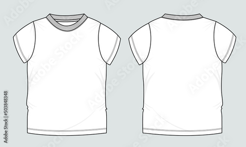 Short sleeve Basic T-shirt technical fashion flat sketch vector Illustration template front and back views. Basic apparel Design Mock up for Kids and boys.