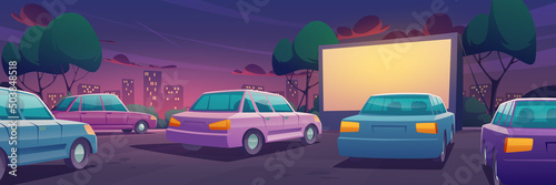 Drive-in movie theater with cars on parking. Outdoor cinema for auto. Vector cartoon illustration of summer city landscape with open air cinema with blank screen and automobiles