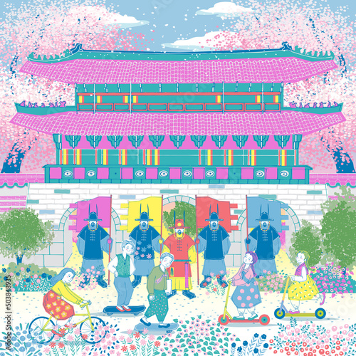 Vector illustration of the daily scenery in front of the royal palace, a historical heritage located in the middle of the Korean city	