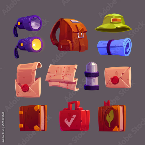 Adventure equipment for travel, explore and treasure hunt. Vector cartoon icons set of hiking tools, backpack, flashlight, hat, mat, thermos, envelope with letter and tourist diary